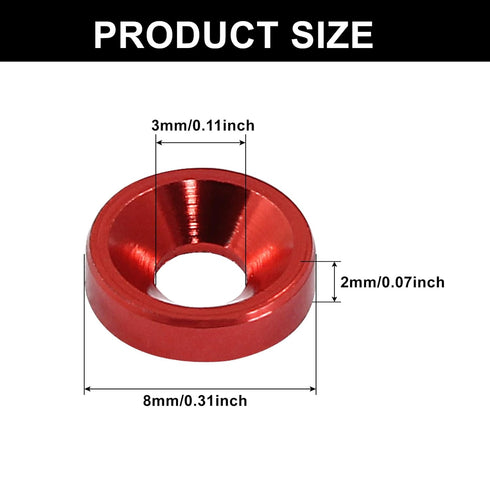 Murtenze 60Pcs Red M3 Finishing Countersunk Washers, Anodized Aluminum Alloy Screw Gaskets for Mechanical Parts