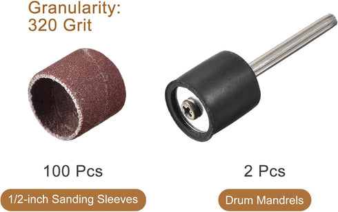 uxcell 100 Pcs 1/2 Inch Sanding Sleeves Sandpaper Set | 320 Grit with 2 Pcs 1/8 Inch Drum Mandrels