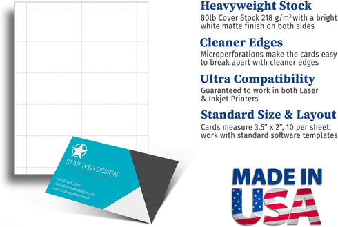 Heavyweight White Blank Business Card Paper, 20 Sheets, 200 Cards, 80lb Cover, Inkjet & Laser Compatible