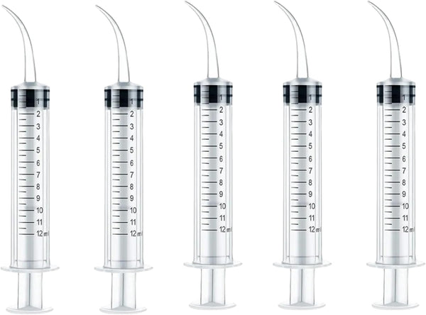 5PCS 12ml/cc Dental Irrigation Syringe, Curved Tip for Wisdom Teeth Cleaning and Small Pet Feeding