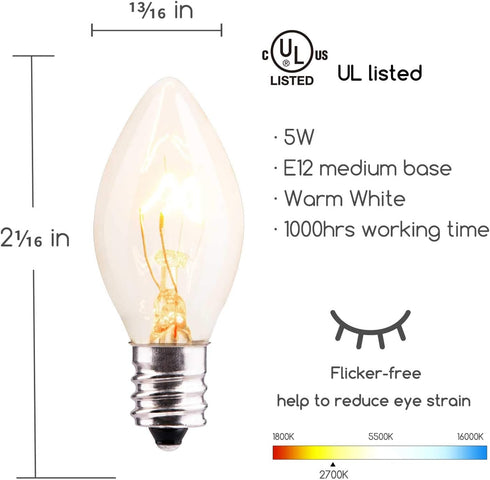 100 Pack C7 Bulbs, C7 Bulb E12 5 Christmas Replacement Light Clear Incandescent for Christmas String Light, Candelabra