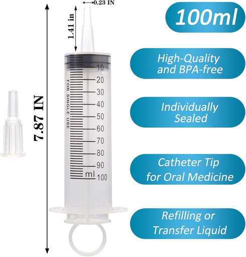 100ml Large Syringes, Individually Sterile Sealed Plastic Syringe for Liquid, Scientific Labs, Measurement, Pet Feeding ,Ink Refilling ,Oil or Glue Applicator(1 Pack)