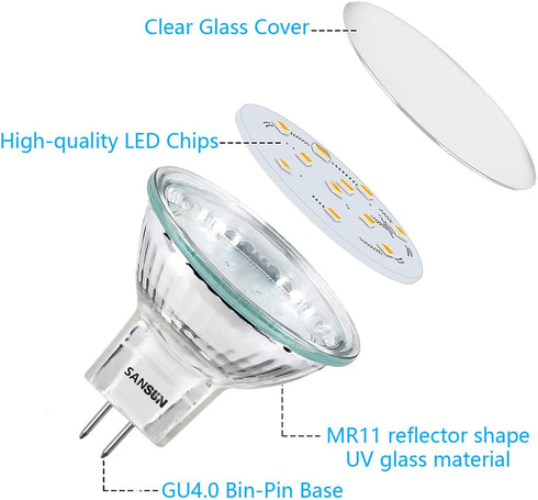 4 Pack 3W MR11 LED Landscape Light Bulbs, Low Voltage 12V, 20W Halogen Replacement, GU4 Bi-Pin Base, Soft White 3000K