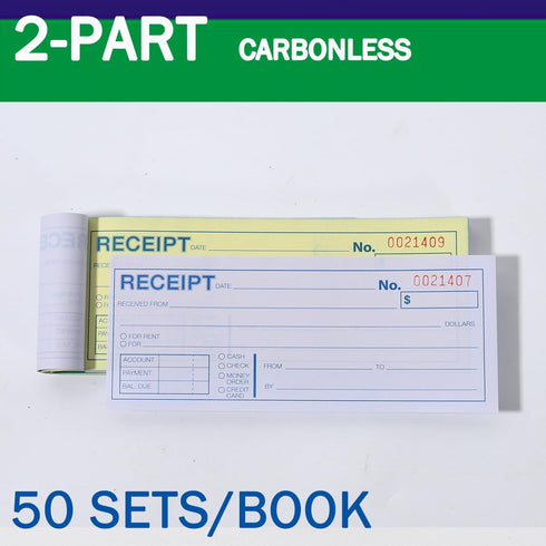 Gimehome 50 Sets 7 1/2" 2 3/4" 2-Part Cover(3pack) Money or Rent Receipt Book, x Carbonless, White & Canary, Bound