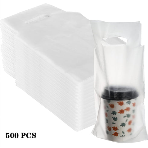 500 Pack Packaging 6"L 11"H DEAYOU Handle Drinking Poly Bags, Clear Cup Carrier with Handle, Plastic Drink Bags Cup