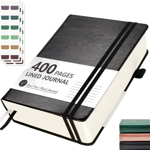 Lined Journal Notebook, A5, 400 Pages, Black Hardcover Leather Notebook, 100Gsm College Ruled Paper for Writing