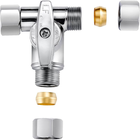 Lead-Free Brass Chrome-Plated Add-A-Tee 3-Way Angle Stop Valve, 3/8 Inch for Water Filters