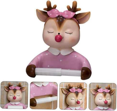 KALLORY Cartoon Deer Toilet Paper Holder Wall Mounted Roll Paper Rack Bathroom Accessory Cute Tissue Shelf Tool-Free
