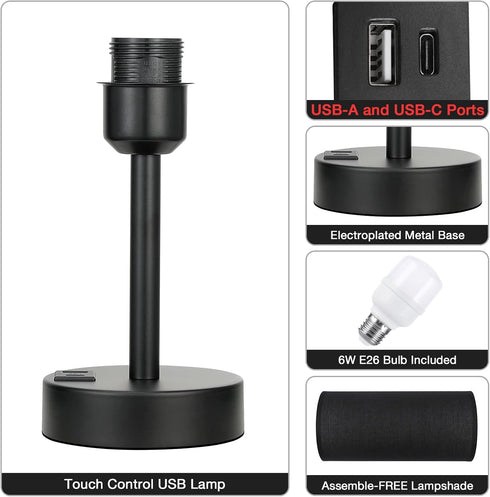 3 Dimmable Black Touch Nightstand Lamps for Girl - Small Bedside Lamp with USB-C and USB Charging Ports, Way Control