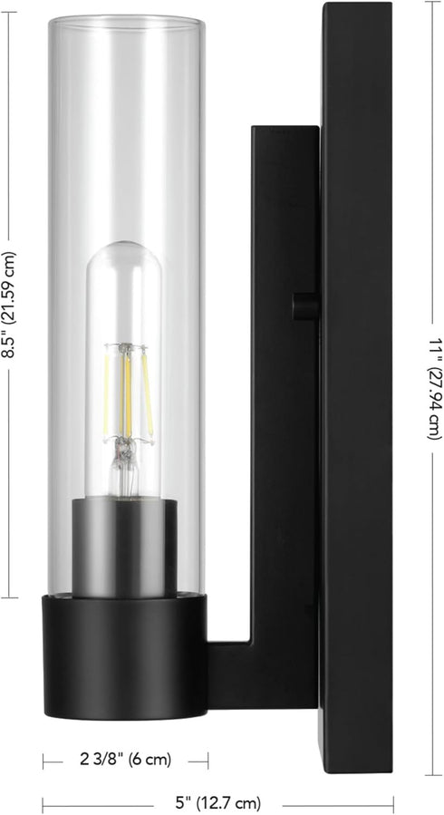 1-Light Dimmable, 65000104 GLOBE Electric Wall Sconce, Matte Black, Clear Glass Shade, Modern Industrial
