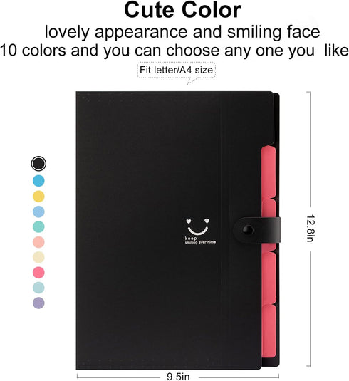 Forvencer Portable Accordion File Organizer, 5 Pocket Expanding File Folder, Cute Black File with Labels