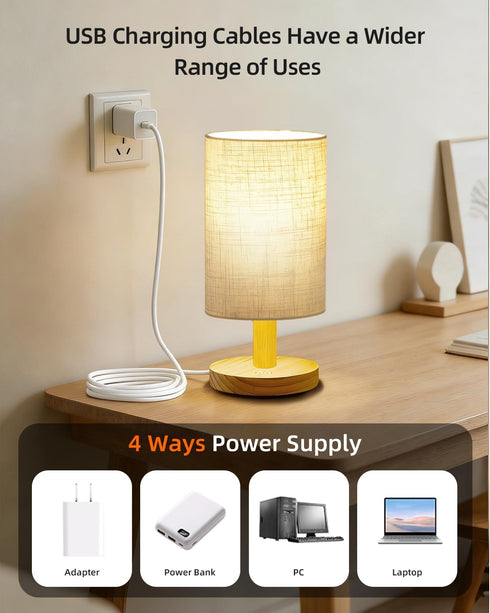 pickrelax Small Touch Table Lamp for Bedroom, Bedside Lamp for Warm Light LED Desk Lamp, Wood Base Round Flaxen Fabric