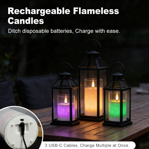 Set 3 Rechargeable Ice Crystal Glass Flameless Candles, RGB Color Changing Realistic Flickering Flameless Candles