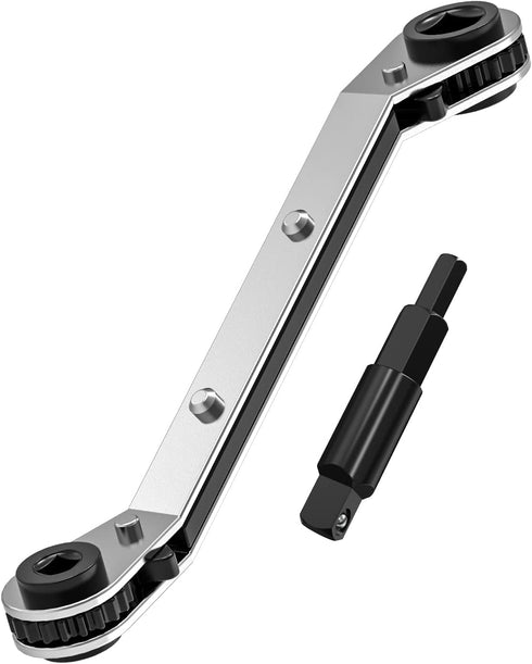 HVAC Service Wrench - Refrigeration Ratcheting Curved Wrench 3/8 1/4 5/16'' 3/16'' with Hex Bit Adapter
