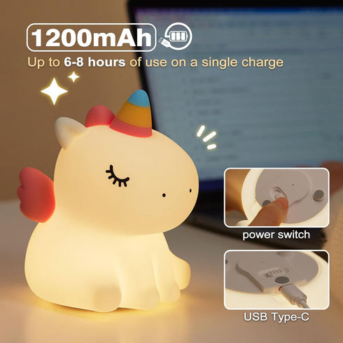 Dimmable VTIGER Unicorn Night Light, LED Squishy Cute Lamp, Kids Baby Bedroom Nightlight, Rechargeable Touch Lamp