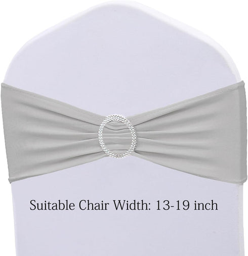 JKDMJF 50 Pack Stretch Spandex Silver Gray Chair Sashes Bows - Universal Chair Bands with Silver Buckle for Wedding