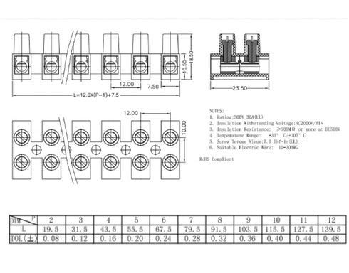(5 Pack) 12 Position / 24 Contact Terminal Block Barrier Strip, Dual Row with Screw Connector 30 Amp