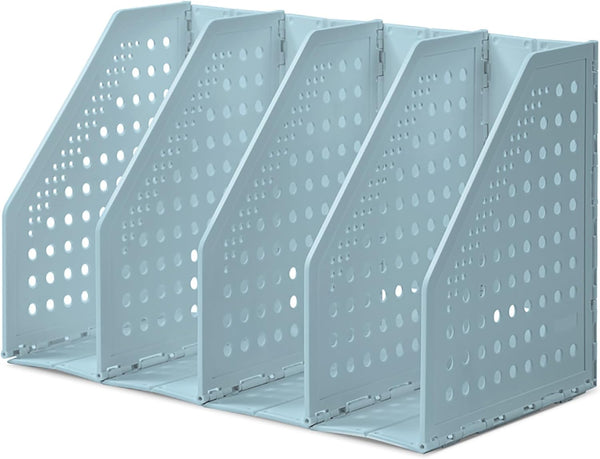 deli Blue Collapsible Magazine File Holder - 4 Vertical Compartment Binder Organizer for Desk Storage