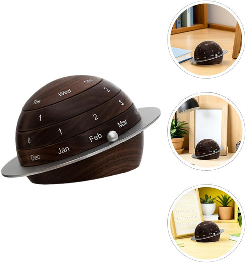 Wooden Rotating Perpetual Desk Calendar with Vintage Earth and Planet Design, Minimalist Office and Home Desktop