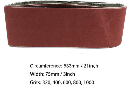 3 Inch x 21 Inch Sanding Belts, 5 Pack 320/400/600/800/1000 Grits, Aluminum Oxide for Woodworking, Metal Polishing