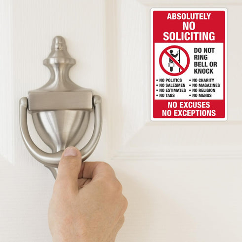 SmartSign No Soliciting Stickers, Pack of 3, One 3.75"x5.5" & Two 2.75"x4", No Excuses No Exceptions, Made in USA