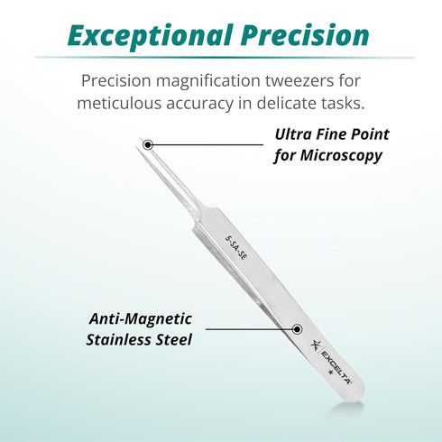 Excelta Ultra Fine Point Tweezers, Mini Straight Tapered, 4.25" Anti-Magnetic Stainless Steel