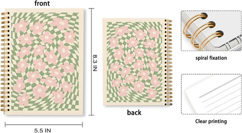 Retro 70s Pink Flower Sage Green Distorted Checkered Lined Hardcover Spiral Notebook Journal, 5.5×8.3 Inch