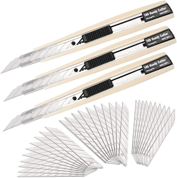 Gift Wrap Cutter Retractable Box Cutter, 3 Pcs Lockable Blade Knives + 30 Pcs 9mm Snap Off Blades