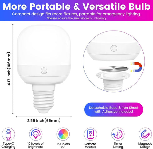 Yochoice 2-Pack Bulb E26 Dimmable Bulb 3 12 Bulb Rechargeable Battery Operated Light with Remote Control, Battery
