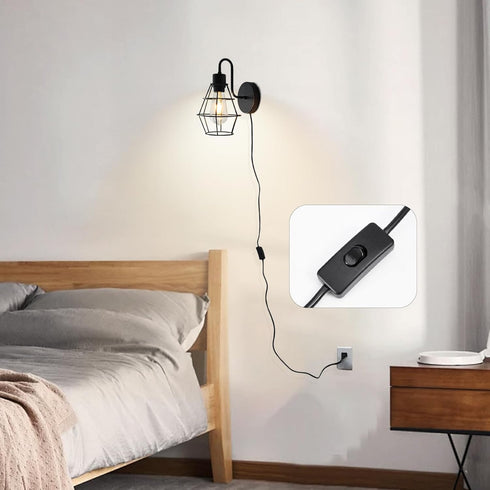 E26 Bulb Plug in Wall Sconce with On/Off Switch Wall Mount Light Fixture with Cord, Black Metal Wire Cage Lampshade