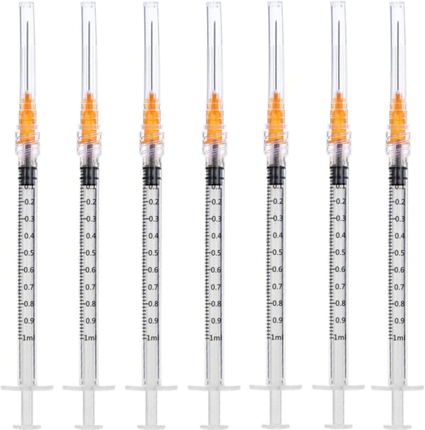 50 Pack 1ml 25Ga Plastic Dispensing Syringe Tool for Refilling, Measuring Liquids, Experiments