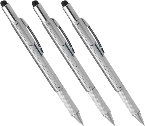 Multi-word 6 in 1 Multi Function Tool Ballpoint Pen, Ruler, Screwdriver, Touch-Screen Pen (3 PCS, Silver)