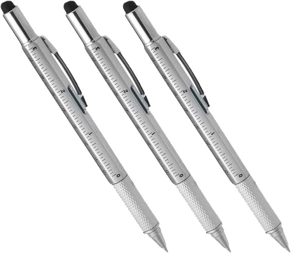 Multi-word 6 in 1 Multi Function Tool Ballpoint Pen, Ruler, Screwdriver, Touch-Screen Pen (3 PCS, Silver)