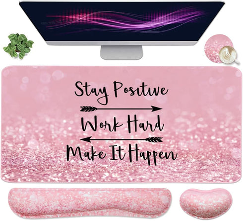 Large Mouse Pad and Keyboard Wrist Rest, 4-in-1 Gaming Desk Pad with Wrist Support for Home Office Study Game-Pink