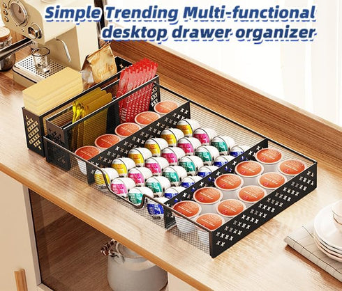 Simplie Desk Drawer Organizer Tray with 2 Pen Holders, Metal Mesh Dividers for Office, Makeup & Kitchen (Black)
