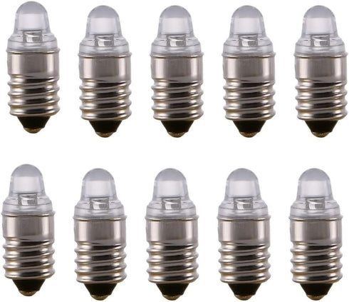 10pcs E10 Miniature Flashlight LED Bulbs, 3 Volt Replacement, Cool White 3V