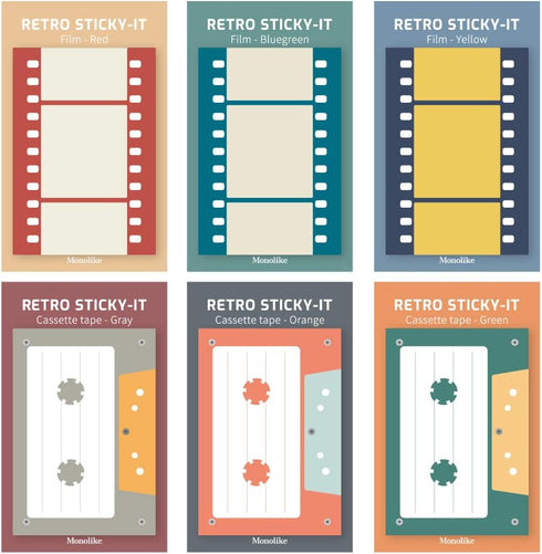 Monolike Retro Cassette Tape + Film Sticky-It 6p Set, Self-Adhesive Memo Pad, 50 Sheets for Daily Sticky, Diary, Memo