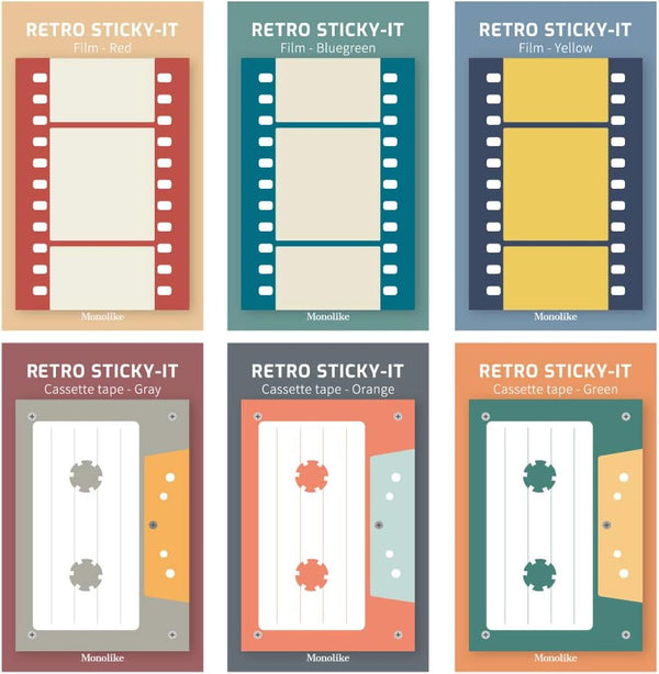 Monolike Retro Cassette Tape + Film Sticky-It 6p Set, Self-Adhesive Memo Pad, 50 Sheets for Daily Sticky, Diary, Memo