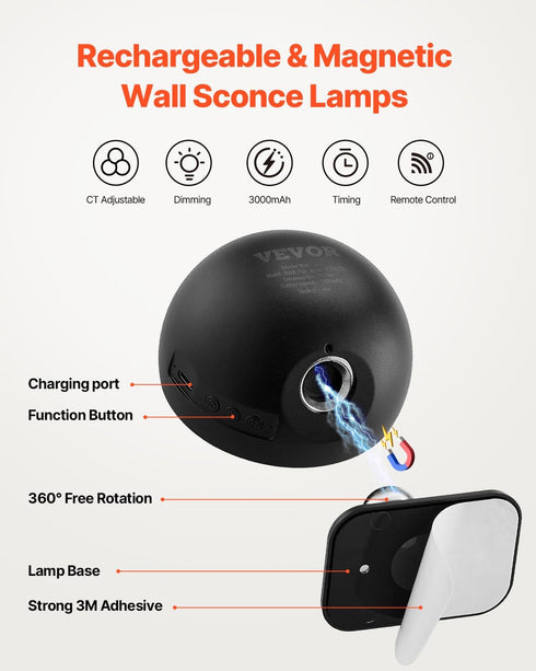 2PCS 360 Dimmable 4-Level VEVOR LED Wall Sconces, Rechargeable Battery Operated Wall Sconces Lamps with Remote Control
