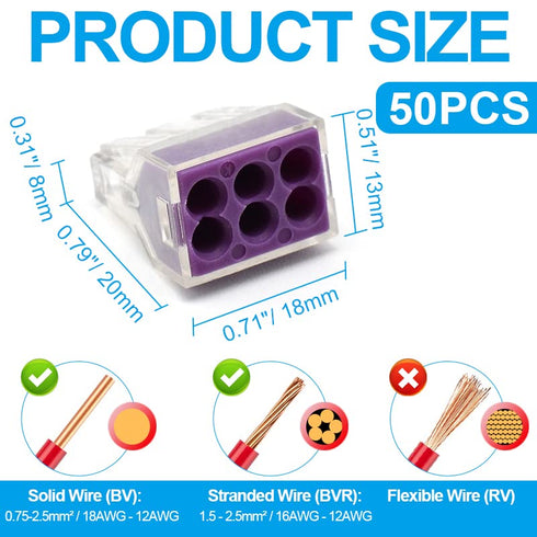 50pcs 6 Port Push-in Electrical Wire Connector, PCT-106 for 18-12 AWG Solid Stranded Wires