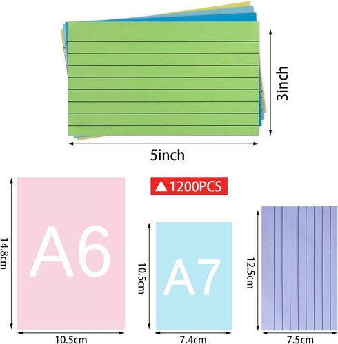 TFLFL 3x5 Inch, 1200PCS 8 Index Paper Cards Flash Cards, Thin Note Cards Paper Colors Ruled Index Cards, Assorted Lined