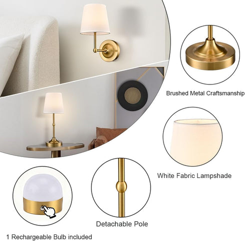 Set 2, 2-in-1 Dimmable Bulbs Battery Operated Table Lamp Wall Sconce of Gold Rechargeable Desk Lamp Wall Lights