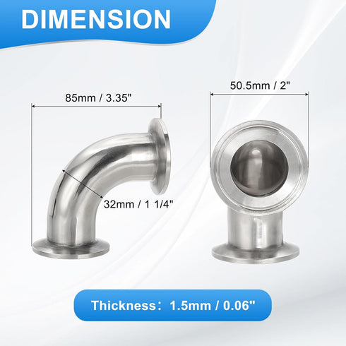 90 Elbow 1 1/4 "(32mm) 304 1.5" 50.5mm PATIKIL Degree Tube OD, Stainless Steel Sanitary Pipe Fittings Tri Sanitary