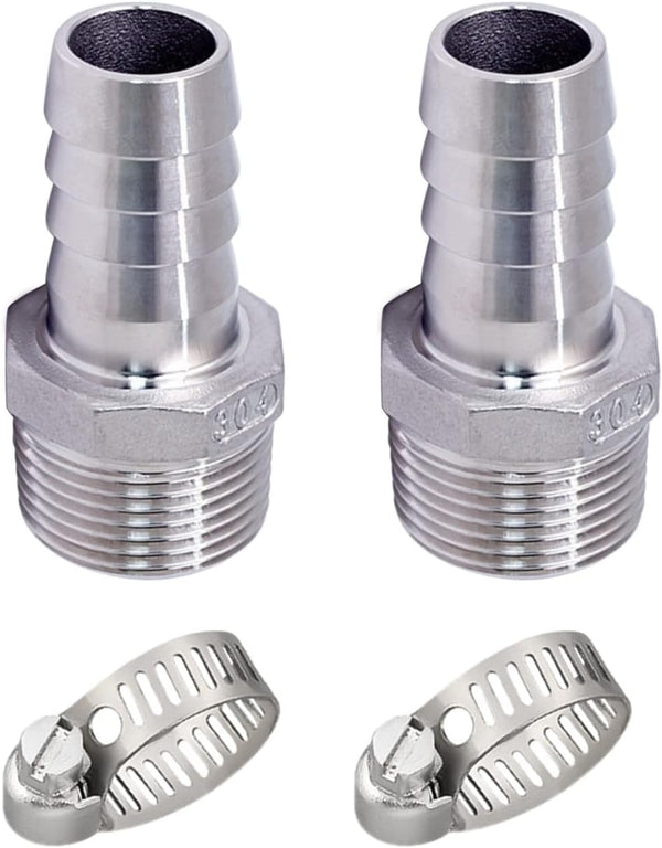 Stainless Steel 304 Hose Barb Fitting, 1-1/4" Barbed x 1-1/4" NPT Male Straight Adapter Connector, Pack of 2