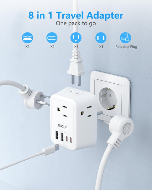 LENCENT Germany France Travel Power Adapter, Schuko Type E/F Plug Converter with 4 Outlet, 4 USB Charger (2 Type C).