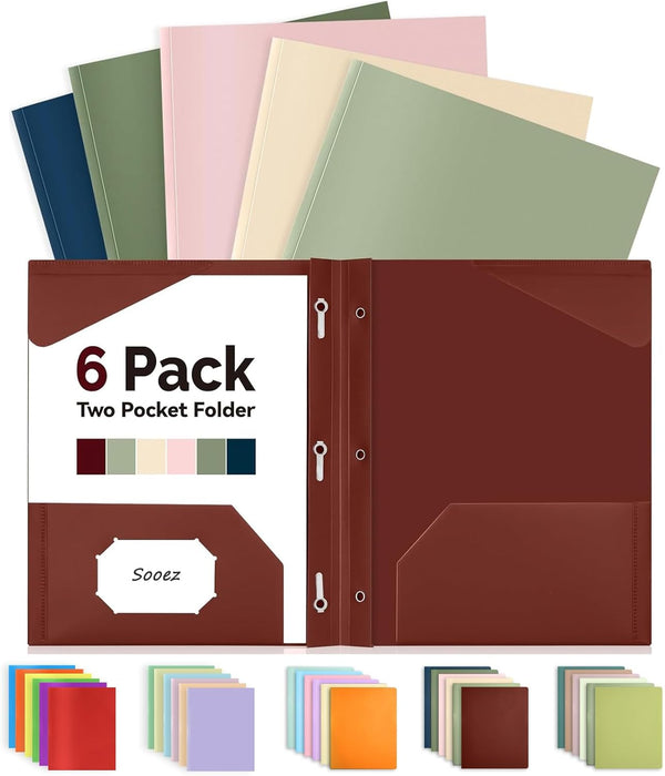 Sooez 6 Pack 2-Pocket Folder with Prongs, Heavy Duty Plastic Folders with Pockets and Prongs, Colored for Schoolwork &