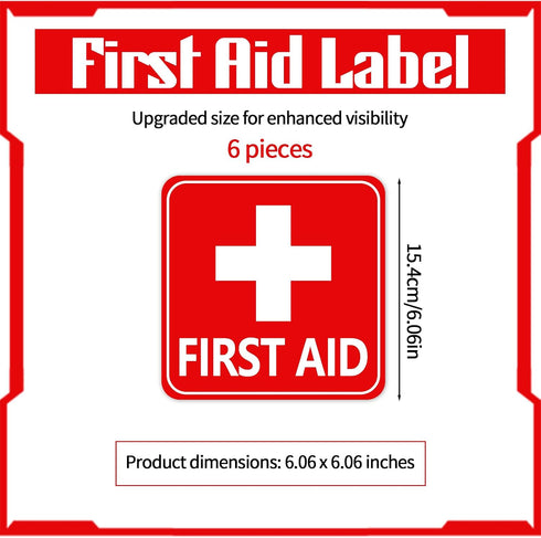 Josojoou 6PCS 6.06x6.06in Commercial Self-Adhesive First Aid Sticker, Waterproof First Aid Sign Medical Stickers, Red