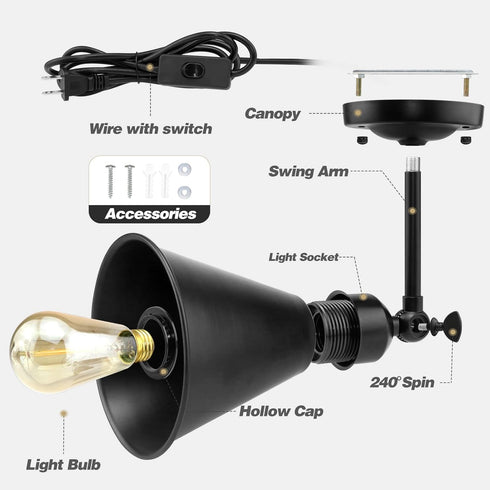 SLYYMY E26 Porch-2 Pack Plug in Wall Sconce, Metal Black Wall Sconce, Swing Arm Industrial Vintage Wall Lamp Fixture