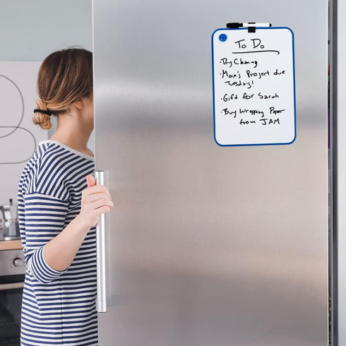 JAM PAPER Magnetic Dry Erase Foam Boards 8 x 12 with Black Board Marker, Blue Border, Sold Individually