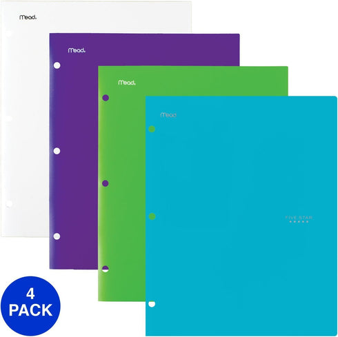Five Star 4 Pocket Folders, Plastic, Teal, White, Purple, Lime, 4 Pack (38076)